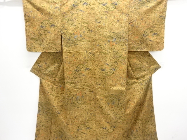 JAPANESE KIMONO / SILK / HAND WOVEN TSUMUGI / FLOWERS & BIRDS & WAVES